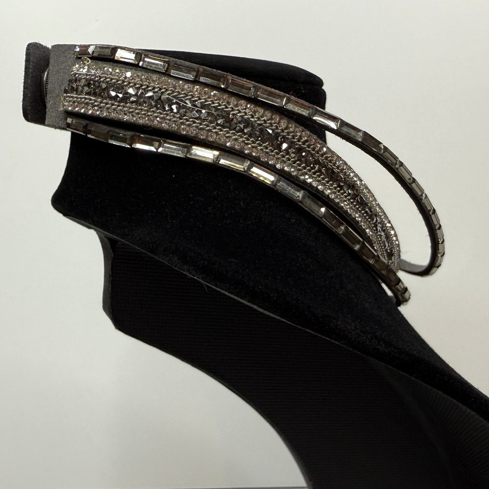 Rhinestone Statement Choker Necklace Silver Vegan Suede Gray Wrap Jewelry 16.5in - Picture 4 of 6